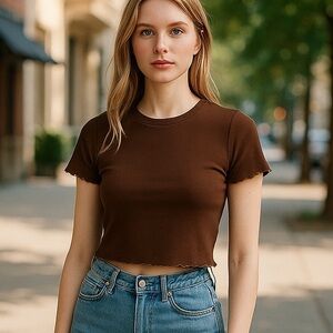 Brown Zine Cropped T-Shirt With Lettuce Raw Hem Edges L Angie Crew Neck Crop Top
